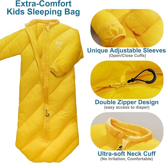 T40 Toddler Sleeping Bags Boys Girls |Ages 2-4| Puffy Kids Sleeping Bag Camping Sleepovers |up to 46 in| Lightweight Compact Comfort for Indoor Outdoor | Machine Washable (Yellow)