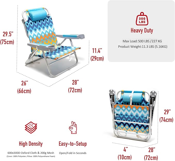 SUNNYFEEL Extra Wide Low Beach Chair 2 Pack 5 Position Lay Flat 500 LBS Heavy Duty XL Oversized Folding Camping Chairs with Cup Holder for Outdoor/Sand Portable Backpack Beach Chair for Adults
