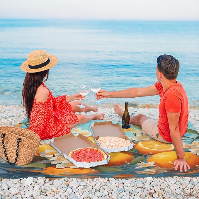 Waterproof Sandproof Beach Blanket 59''×68'' Fruit Orange Polyester Outdoor Picnic Blanket with 4 Stakes &amp Storage Bag for BeachCampingVacation Golden Yellow