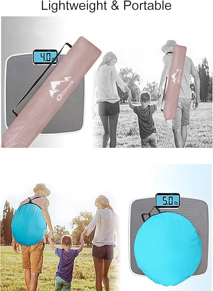 Oileus X-Large 4 Person Beach Tent Sun Shelter - Portable Sun Shade Instant Tent for Beach with Carrying Bag Stakes 6 Sand Pockets Anti UV for Fishing Hiking Camping Waterproof Windproof Pink
