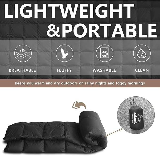 zzlamb Puffy Down Camping Blanket Water-Repellent Down Throw Travel Blanket Portable for Outdoor Light Warm Quilt for Couch Plane Car Theater Stadium Picnic RV Backpacking Hammock