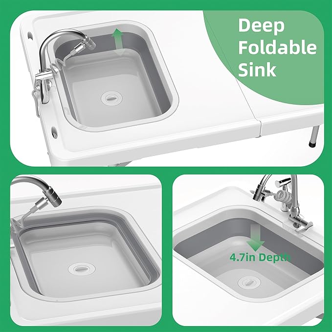 Allpop Fold-in-Half Fish Cleaning Table with Sink &amp Carrying Bag 50'' Portable Folding Camping Fish Station with Drainage Hose Faucet Sprayer Storage Box &amp Grooves for Picnic White