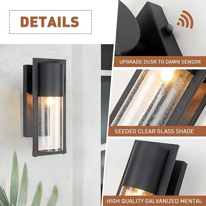 2 Pack Dusk to Dawn Outdoor Wall Lights Modern Farmhouse Outdoor Wall Lanterns Black Porch Light with Seed Glass Modern Waterproof Exterior Light Fixtures Wall Mount Sconce for House Garage Front Door