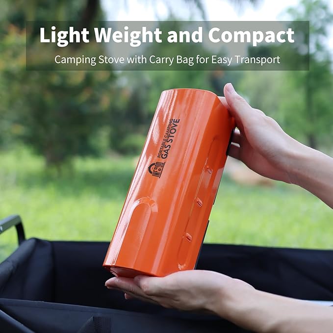 INFOOD Portable Butane Gas Camping Stove - 7500 BTU Compact Folding Design with Carry Bag for Backpacking RV Trips Picnic &amp Outdoor Indoor Cooking Orange