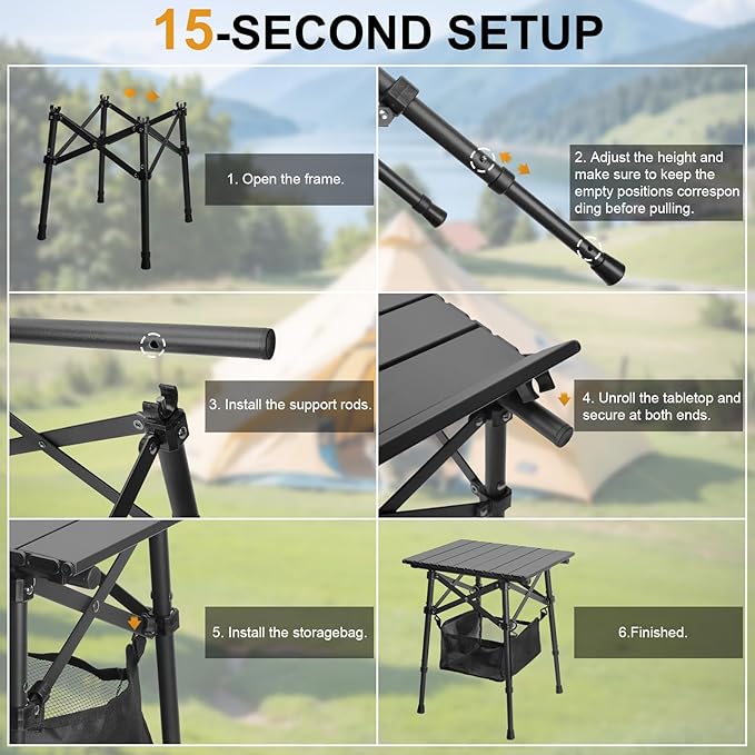 Folding Camping Table - Small Outdoor Table with Storage Bag - Adjustable Height 14.2'' &amp 18.9'' Portable Lightweight Aluminum Foldable Side Table for Picnic BBQ Beach &amp Tailgating (Small)