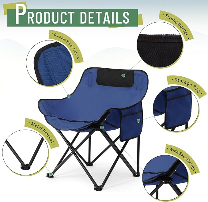 2 Pack Compact Camping Chairs Portable Folding for Outside with Carry Bag Lightweight Moon Chairs for Travel Picnic Hiking Beach Fishing 600D Oxford Supports 330lbs(Blue)