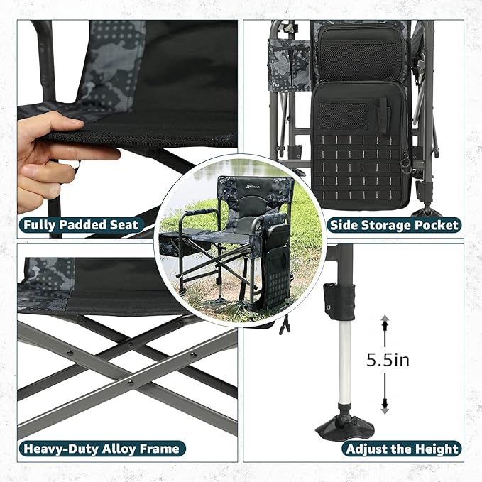 X Strike Fishing Chairs with Rod Holder Folding Ice Fishing Chair for Adults Outdoor Camping Chair Leg Adjustable with Cooler Bag and Storage Bag for Ice Fishing Camp Lawn Patio Garden