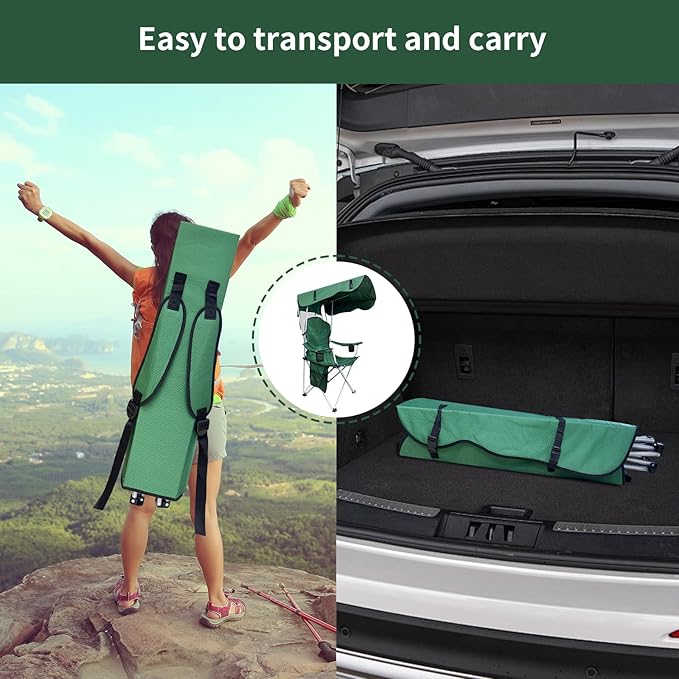 Portable Camping Chair with Canopy Shade- Folding Camping Lounge Chair with Cup Holder &amp Side Pocket for Outdoor Camping Fishing Beach - Support 330 LBS (Green)