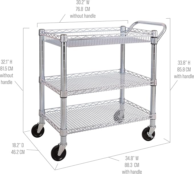 Seville Classics UltraDurable NSF Commercial Heavy Duty Metal Rolling Utility Cart Handle Bar for Restaurant Garage Warehouse Kitchen Office Deep Top Basket (34.8W x 18.25D)