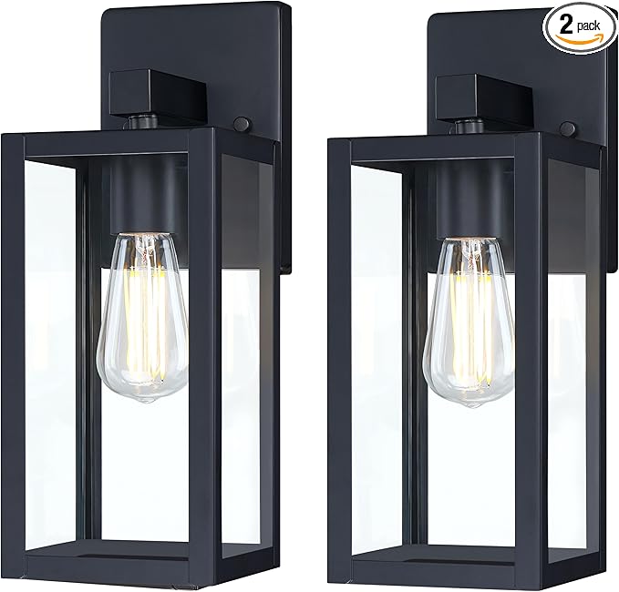 GRUENLICH Waterproof Large Outdoor Wall Lanterns Modern Black Porch Sconces with Clear Glass Shade E26 Socket Max 60W IP65 Rated Metal Frame for Patio Front Door Entryway 2-Pack
