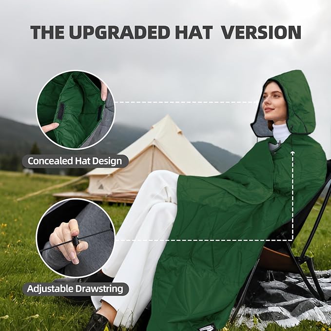 Large Outdoor Waterproof Blanket Extra Thick Fleece Stadium Blanket for Camping Car Pet Picnics - Windproof Wearable Machine Washable 80 x 58 (GreenHooded)