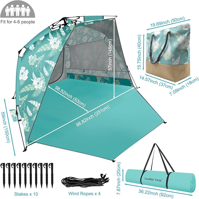 Beach Tent Sun Shelter for 4-6 Person - Pop Up Beach Tent UPF 50＋ UV Protection Lightweight and Easy Setup Cabana Extendable Floor with 3 Ventilating Windows Carrying Bag