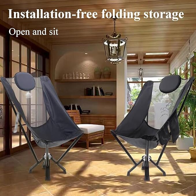 High-End Outdoor Folding Moon Chair with Headrest Aluminum Frame 500kg Capacity Nylon Seat Side Pockets Carry Bag for Camping Picnic Travel