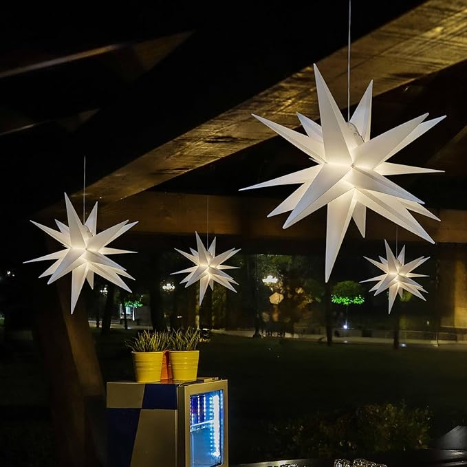 Leejec 22 Moravian Star Light Easy Assembly Christmas Decorations Indoor&amp Outdoor Hanging Advent Star Warm White LED Porch Light with Timer Wedding &amp Home Decor