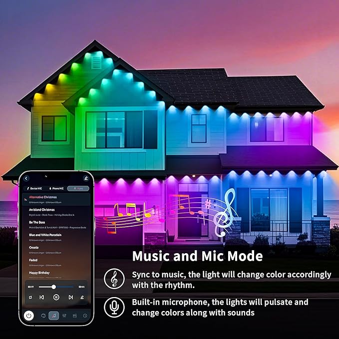 KSIPZE 100ft Permanent Outdoor Lights Waterproof IP67 Smart RGB+IC Eaves LED Lights with App &amp Button Control 200+ Dynamic Scene Modes for House Roof Garden Christmas Party Decor