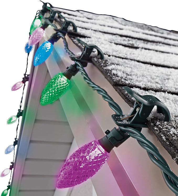 C9 LED Quick Clip Christmas Lights | Built-in Clip-One String Lights | 24 Purple Blue Green Bulbs | 16inch Foot Strand