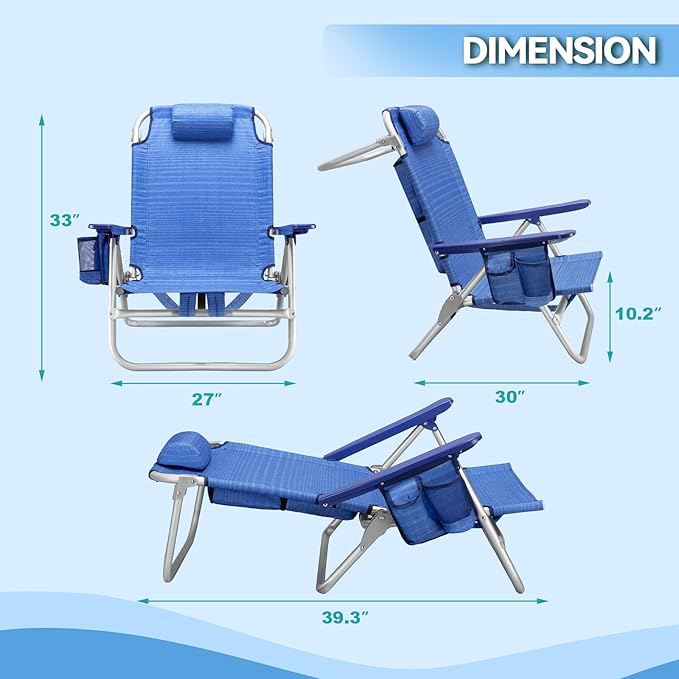 OFIKA Backpack Beach Chairs for Adults Folding Beach Chairs with 5 Adjustable PositionsCamping Chairs with HeadrestTowel RackLarge Pockets and Cup HolderSupports up to 300lbs (Navy Blue 2pack)
