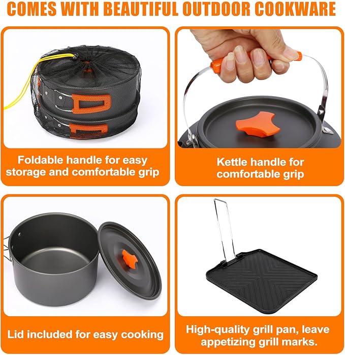 Hisencn Camping Stove2 Burner Propane Stove20000 BTU/h Camping Cooking set Includes Frying PanKettle and PotAdjustable Burners &amp Piezo IgnitionPortable stove for camping OutdoorWhite