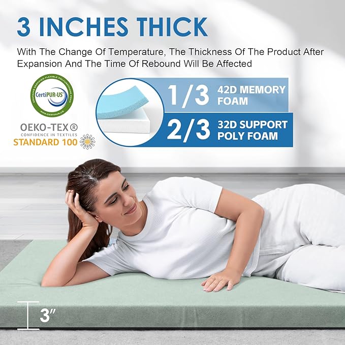 KingChii CertiPUR-US Memory Foam Camping Mattress Portable Roll Up Travel Car Camping Mattress Sleeping Pad &amp Floor Mattress Cot Mattress Guest Bed for Sleepover with Waterproof Cover &amp Trav