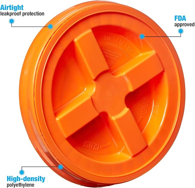 Gamma Seal Lids for 3.5 5 6 and 7 Gallon Buckets – Pack of 12 Orange Gamma Lids – Food Grade BPA Free Reusable Lids Made in USA