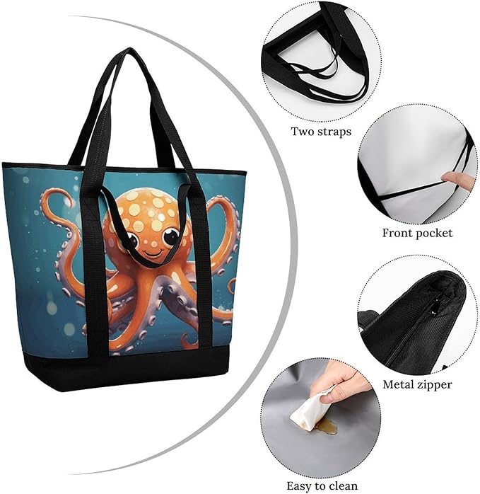 Insulated Shopping BagLarge Reusable Cooler Bags Cartoon Octopus Printed Foldable Shopping BagTravel Waterproof Shoulder Bag