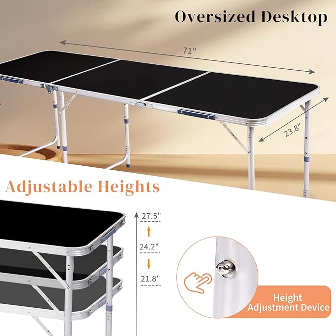 Folding Camping Table6FT Aluminum Folding Picnic Table with 3 Adjustable HeightHeavy Duty 3 Fold Utility TableIndoor Outdoor Portable Lightweight Beach Accessories with Carrying Handle (Black)