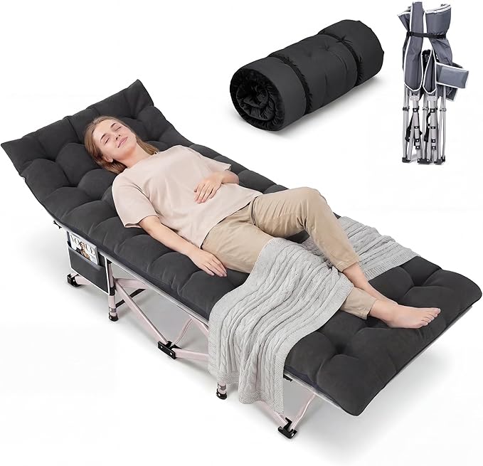 Folding Camping Cot for Adults with Removable Padded Cushion Portable Heavy Duty Sleeping Cot with Head Tilt Design Foldable Camp Bed with Carry Bag for Camping Travel Office Nap Guest Bed