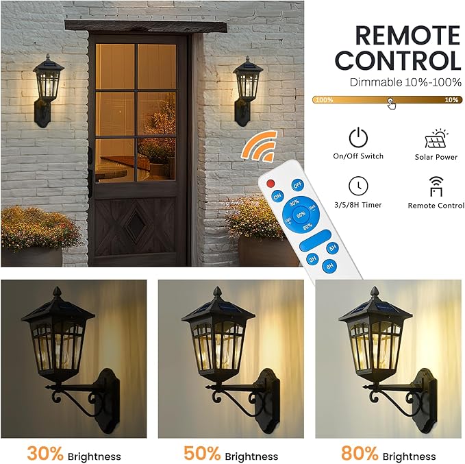 zeyu Outdoor Solar Wall Lantern 20 Inch Exterior Solar Porch Light with Remote Die-Cast Aluminum with Seeded Glass Shade Black Finish ZYX113B SL BK