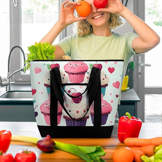 Insulated Shopping BagLarge Reusable Cooler Bags Cupcake Candy Hearts Sweet Printed Foldable Shopping BagTravel Waterproof Shoulder Bag