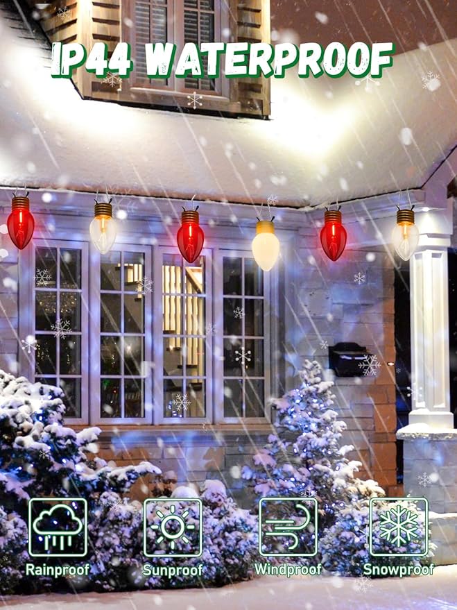 SUNSGNE Jumbo Christmas Lights Outdoor 16FT Red and White Christmas Lights with 10 Count 5'' Clear Glossy LED Bulbs for Home Tree Roof Yard Garden Patio Balcony Decorations