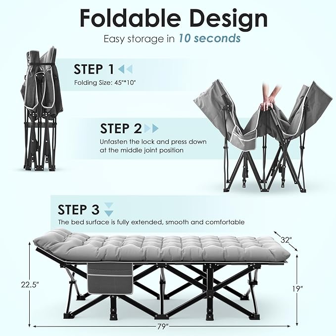 Suteck Camping Cot 32In XXL Folding Camping Cot Heavy Duty Sleeping Bed for Adults 1200D Double Layer Oxford Cots for Camping W/Pilllow Mattress Carry Bag for Home Office Nap Beach Travel 900LBS