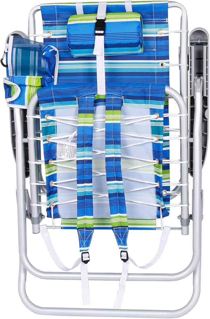 Ultimate Heavy Duty High Seat Aluminum Folding Backpack Beach Chair for Adults | Lay Flat 5 Reclining Positions | Removable Insulated Cooler Pouch &amp Canopy for UV Protection
