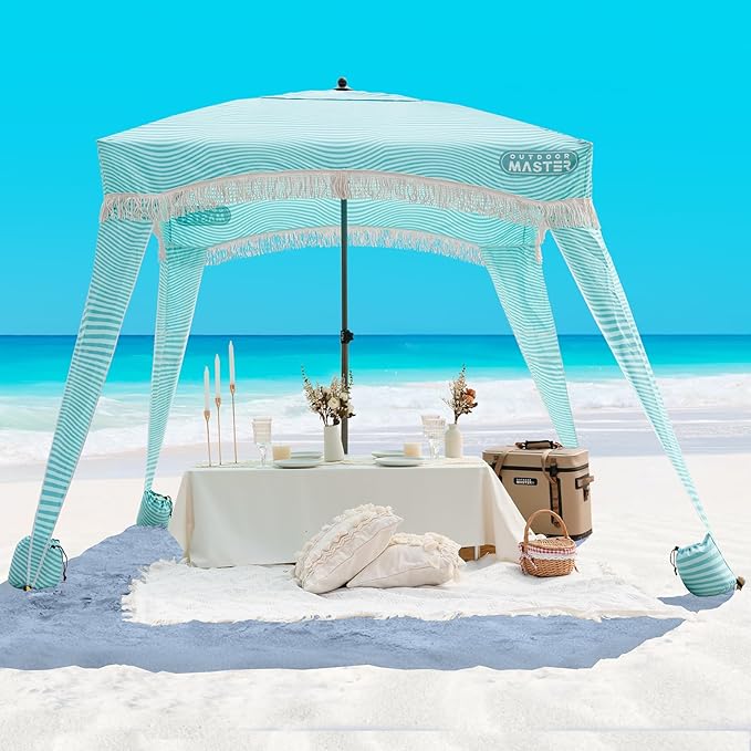 OutdoorMaster Beach Cabana with Fringes Portable 6' x 6' Beach Canopy for Sand Easy Set Up Beach Shelter Included Side Wall UPF 50+ UV Protection Sun Umbrella - for Family &amp Friends