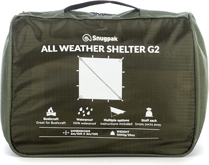 Snugpak All-Weather Shelter G2 WGTE - 3x3m Tarp &amp Emergency Shelter - 100% Waterproof Camping Tarp with UV30 Protection - Tent Tarp For Bushcraft &amp Camping - With Guy-Lines &amp Alloy Tent Pe