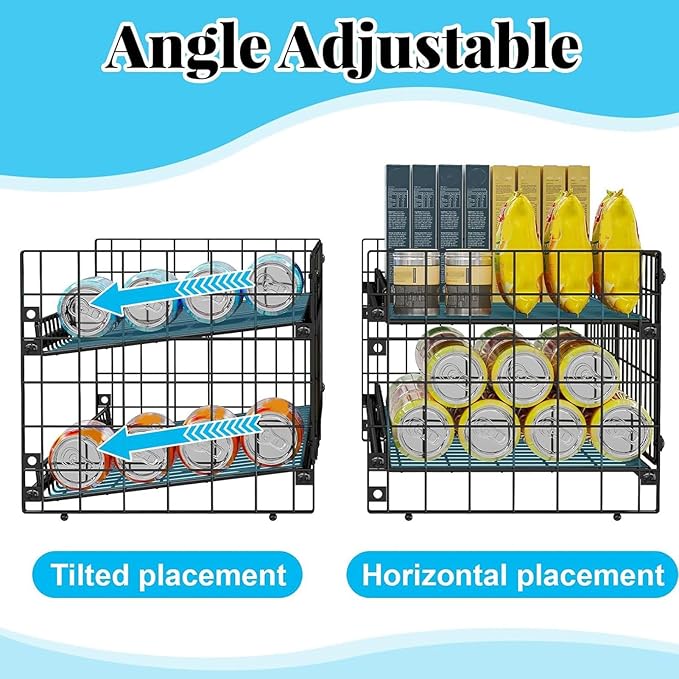 2 Tier Stackable Can Organizer Made of Carbon Steel Holds 64 Cans Adjustable Inclined Shelf with Double Layer Design for Storage