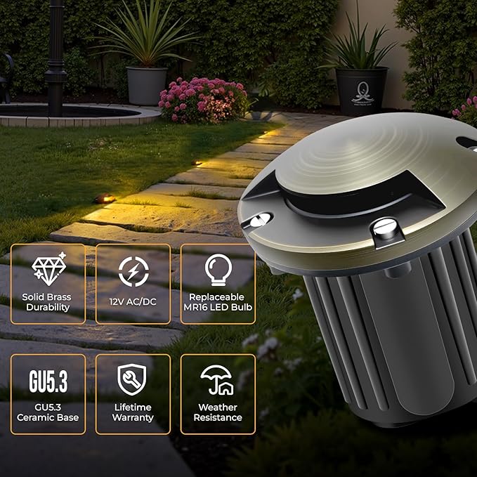 Gardencoin Brass Well Lights Outdoor 12V LED Low Voltage Landscape In Ground Light Waterproof Up Lighting Fixture Bronze Accent Lighting Fixture Without MR16 Bulb 4 Pack
