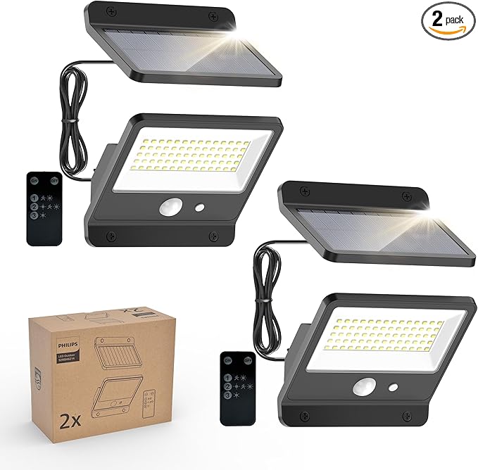 Philips Solar Security Light Outdoor LED 6500K Solar-Powered Flood Light w/PIR Motion Sensor Remote Control w/16ft Cable IP65 Waterproof 3 Modes (2)