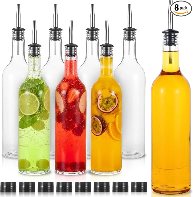8 Sets 25 oz Plastic Liquor Bottles Long Neck Syrup Juice Bottles with Pourer and Caps Plastic Leakproof Pour Container with Stainless Steel Pourer Tapered Spout for Home Party Bar