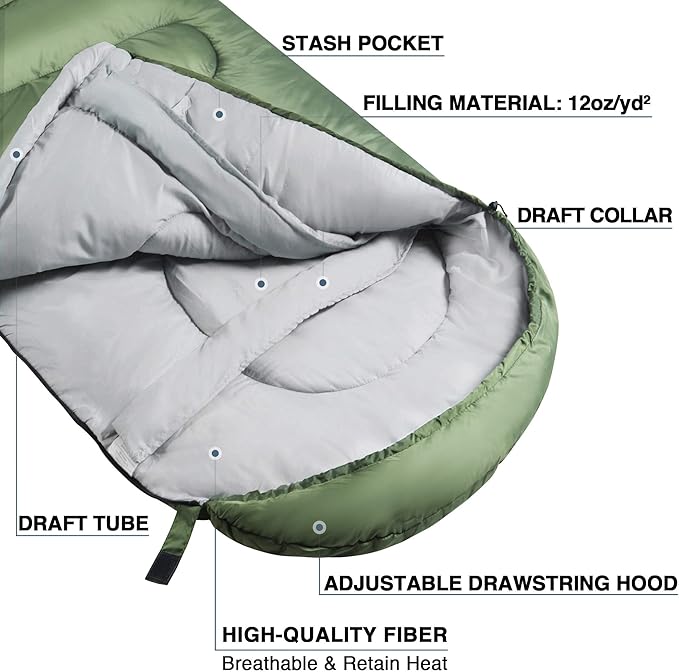 Atarashi Camping Sleeping Bag- 4 Seasons for Adults Light Warm Extra-Large with Compression Sack- Great for Hiking Backpacking &amp Outdoor Adventures