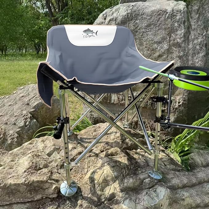 Super Large All-Terrain Camping Chair 8-Level Height Adjustment Outdoor Fishing Chair Leisure Chair one-Click Folding for Easy Carrying can Bear a Weight of 400 pounds (Fishing Chair Grey)