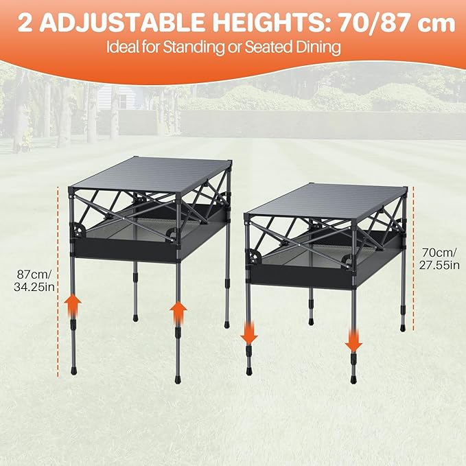 FUNYKICH Folding Camping Table(L39.4''xW19.7'') Aluminum Roll-up Portable Picnic Table with 2 Adjustable Height Large Storage and Carrying Bag for Picnic Camping BBQ Party Backyard Beach