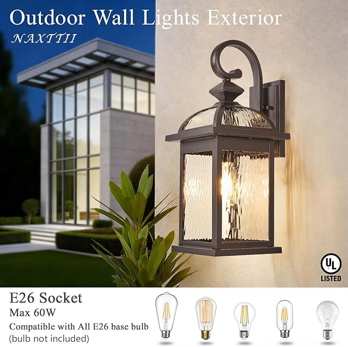 2 Pack Porch Lights Outdoor Waterproof Outside Lights for House ORB Finish 15 Inch Wall Light Fixtures with Water Ripple Glass E26 Socket