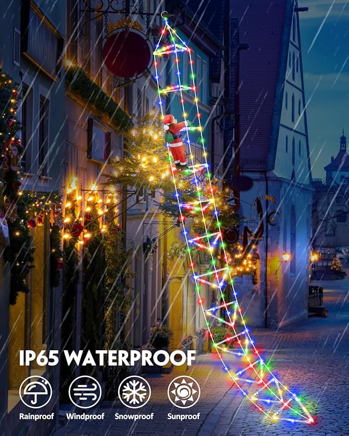 Christmas Decorations Lights Outdoor 9.8ft 3D Christmas Triangle Ladder Lights with Santa Claus Waterproof LED Christmas Lights with 8 Modes for Wall Home Garden Xmas Party Indoor Outdoor Decor