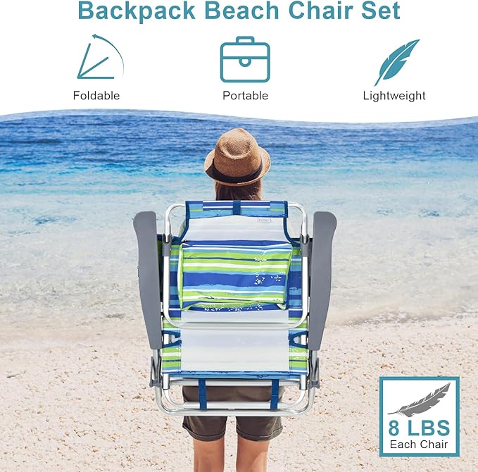 GYMAX Beach Chairs Backpack Camping Chair with Armrest Cooler Bag Cup Holder Towel Bar &amp Side Pockets Sunbath Sling Tanning Lounge Folding Layout Chair (Without Table Blue Stripe)