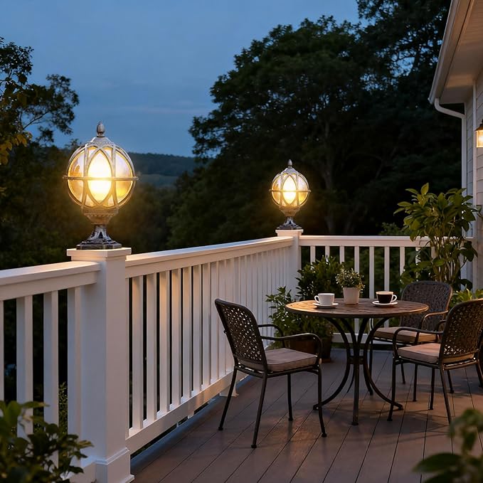 Outdoor Post Light Fixture Retro Amber Glass Ball Pillar Lights Waterproof Exterior Column Lamp Villa Courtyard Garden Park Doorpost Light Landscape Fence Bollard Pedestal Light