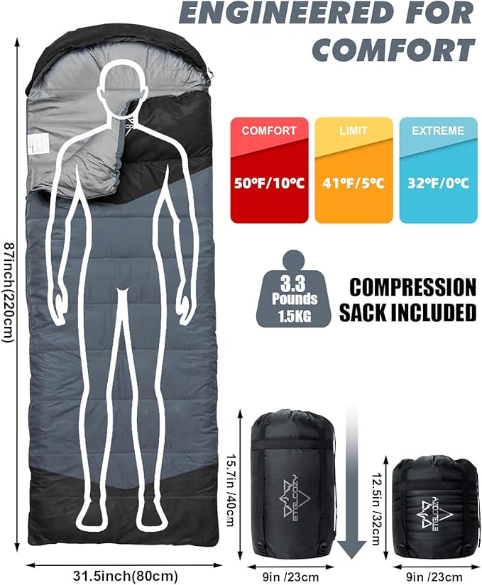 Lightweight 3-Season Sleeping Bag for Adults/Kids Camping Compact w/Compression Sack Waterproof Ripstop Portable for Backpacking Hiking Travel