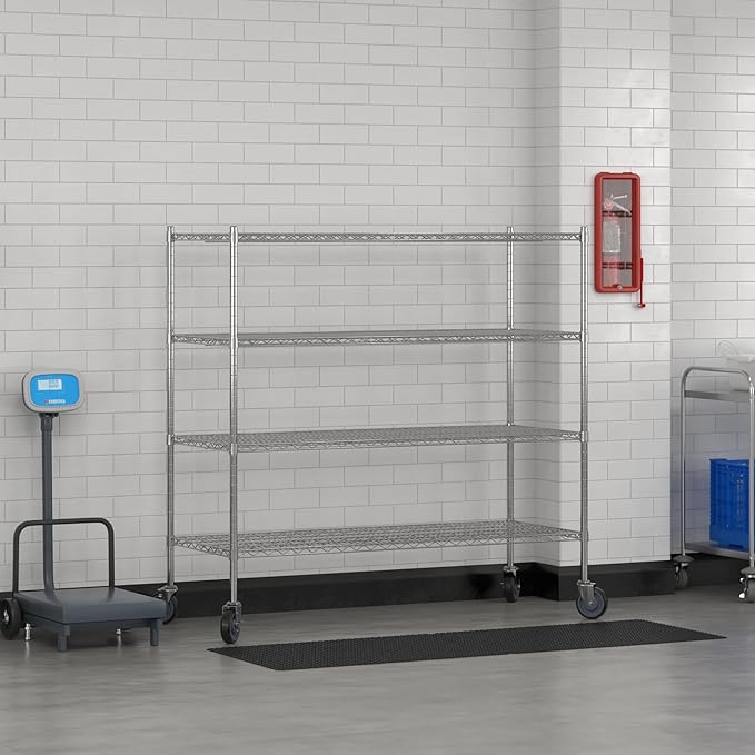 Commercial NSF Listed Chrome Mobile Wire Shelving Kit 24 x 60 x 60 with 4 Shelves Perfect for Warehouse Walk-in Refrigerator Freezer Grocery Store Restaurant Dishroom