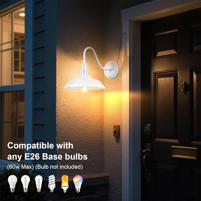 Outdoor Gooseneck Barn Light Fixture with Wall Mount 10'' Diameter White Exterior Waterproof Wall Lantern for Porch Farmhouse Wall Sconce 2 Pack LM2201-WH-2P