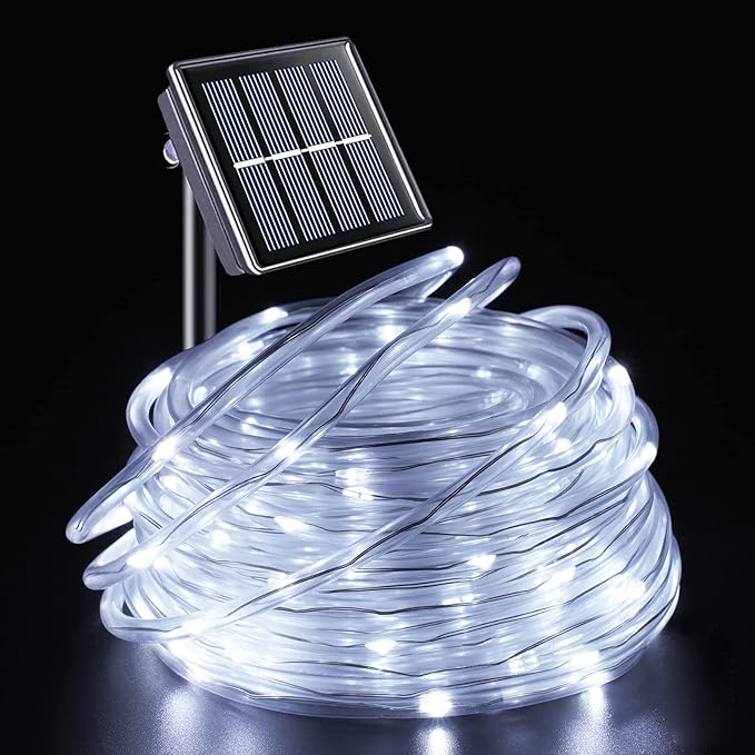 YEGUO Solar Christmas Light Outdoor Waterproof 66ft 200 LED White Rope Lights 8 Modes Tube String Lights in Clear Thin Tube