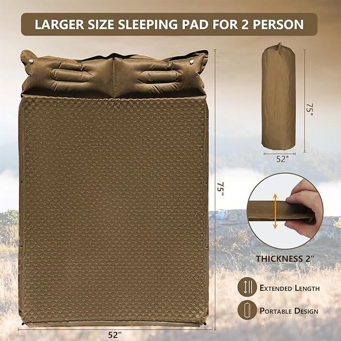 Double Camping Sleeping Pad with Pillow 2 Memory Foam Camping Mattress 2 Person 5R Insulated Self Inflating Camping Pad Air Mattress Inflatable Sleeping Mat for Tent Backpacking Hiking (Khaki)